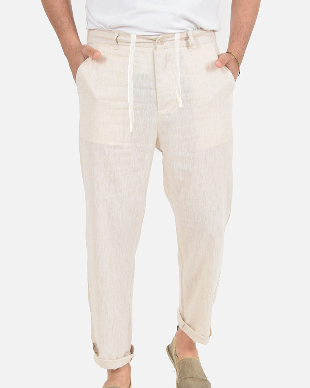 Pantaloni in misto lino cotone con vita elasticizzata