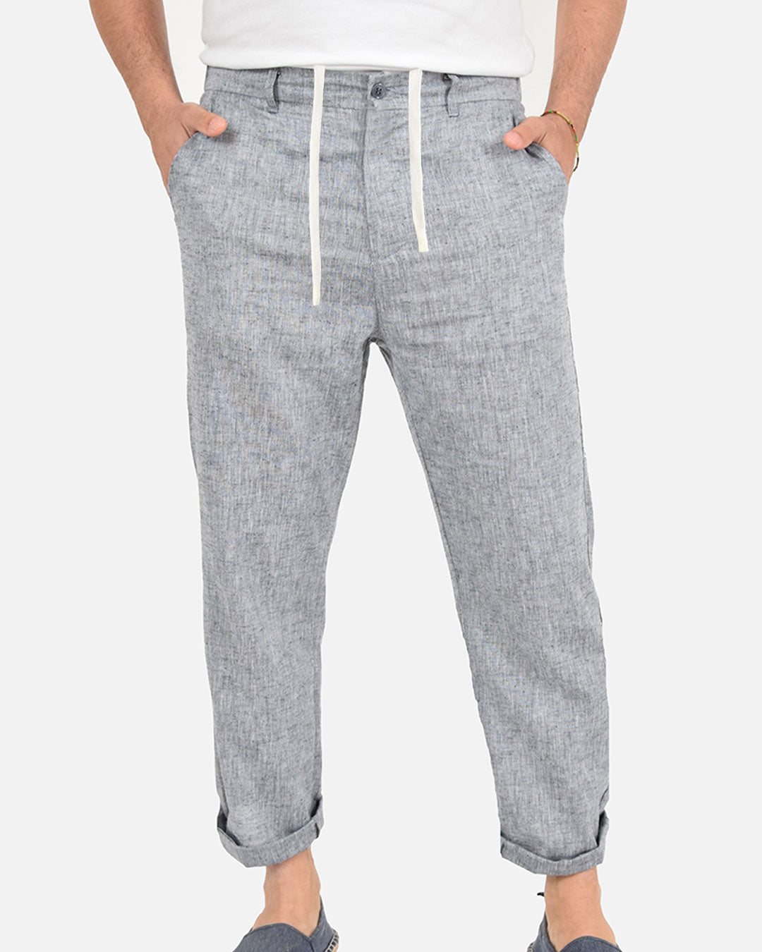 Pantaloni in misto lino cotone con vita elasticizzata