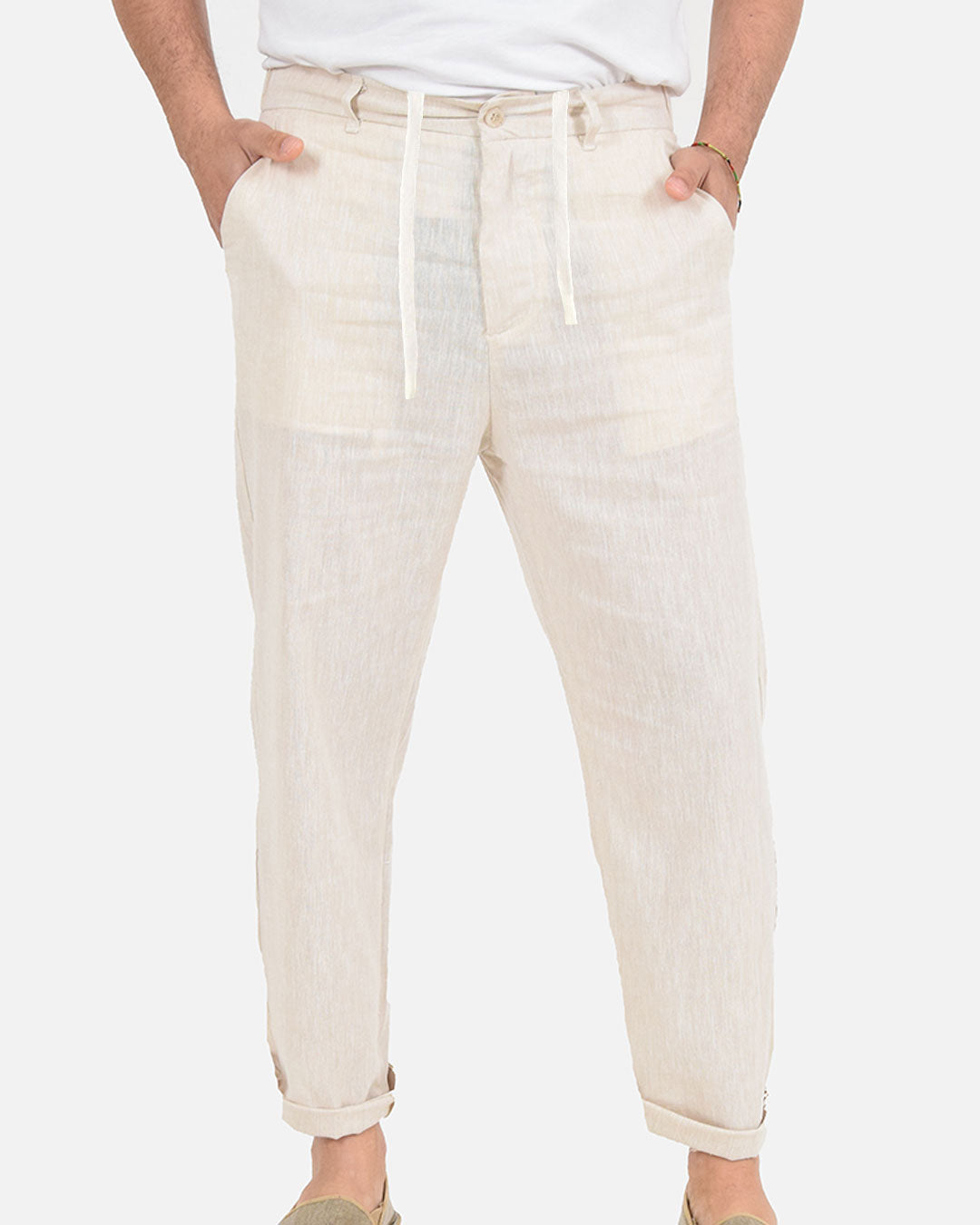 Pantaloni in misto lino cotone con vita elasticizzata